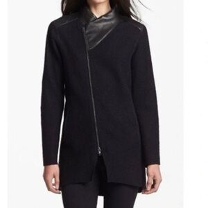 Eileen Fisher Black Wool Leather Asymmetrical Full Zip Jacket Size Medium